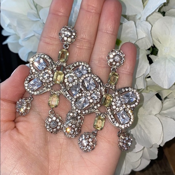 Edidi 🦋Silver Yellow & White Gemstone Clip Dangle Earrings - Picture 1 of 8